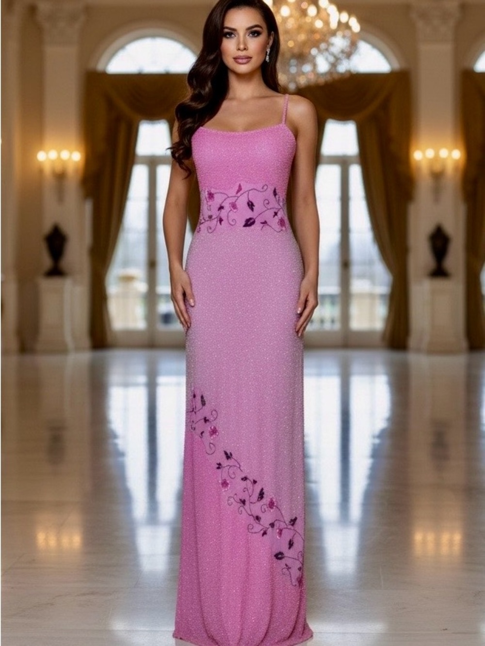 Elegant Pink heavily hand beaded Spaghetti-Strap Evening gown intricate stretch